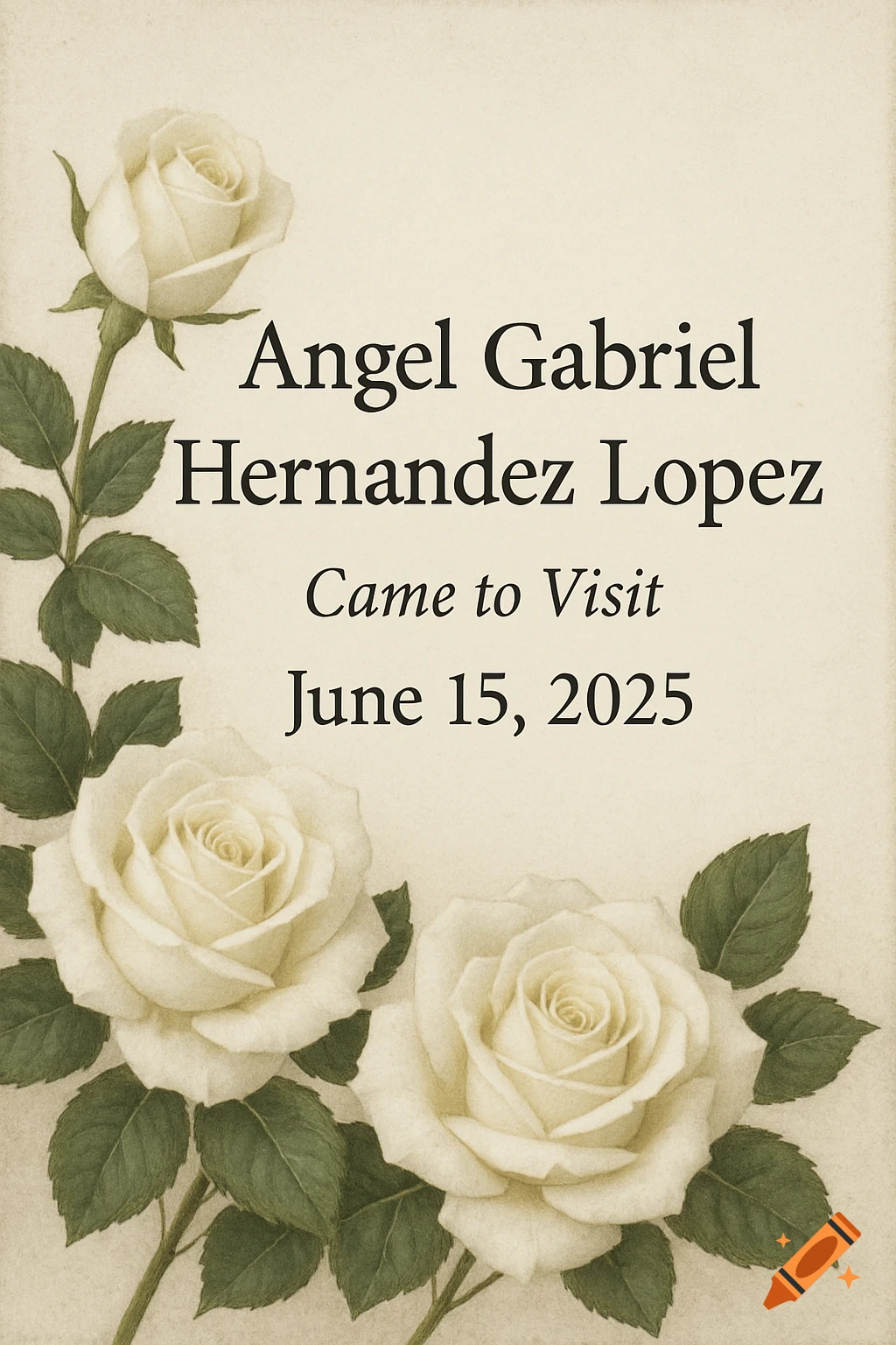 A memorial card with white roses and text 'Angel Gabriel Hernandez Lopez Came to Visit June 15, 2025' on a textured background.