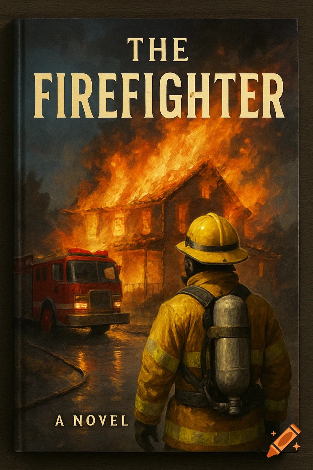 Illustrated book cover for 'THE FIREFIGHTER', showing a firefighter watching a burning house with a fire truck nearby.