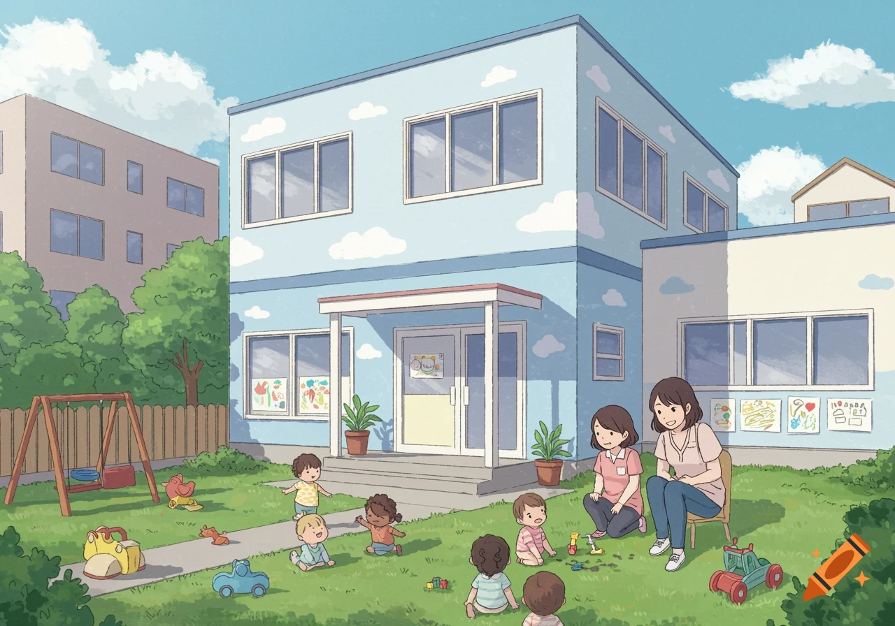An outdoor scene of a cute, minimalist child daycare center with a blue building, a green lawn, and several toddlers playing while two adults supervise.