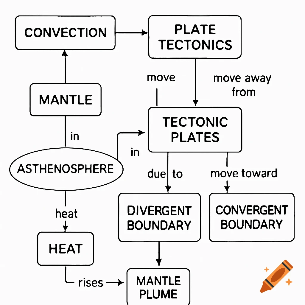 A black and white concept map illustrating the relationship between plate tectonics, convection, mantle, and different boundaries.