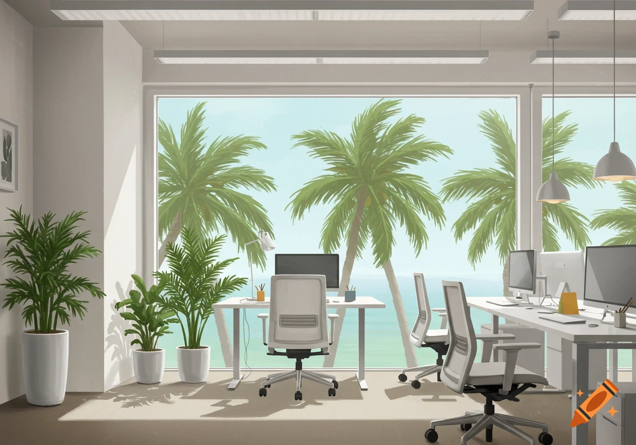 A modern, bright office space with white desks and chairs, featuring large windows overlooking palm trees and a light blue ocean.