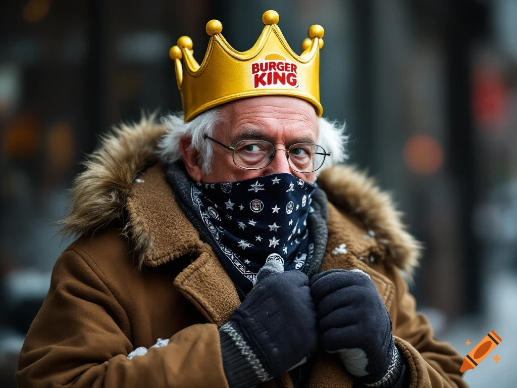 Older man resembling Bernie Sanders wearing a gold Burger King crown, a bandana, and a warm coat, looking directly at the camera outdoors.
