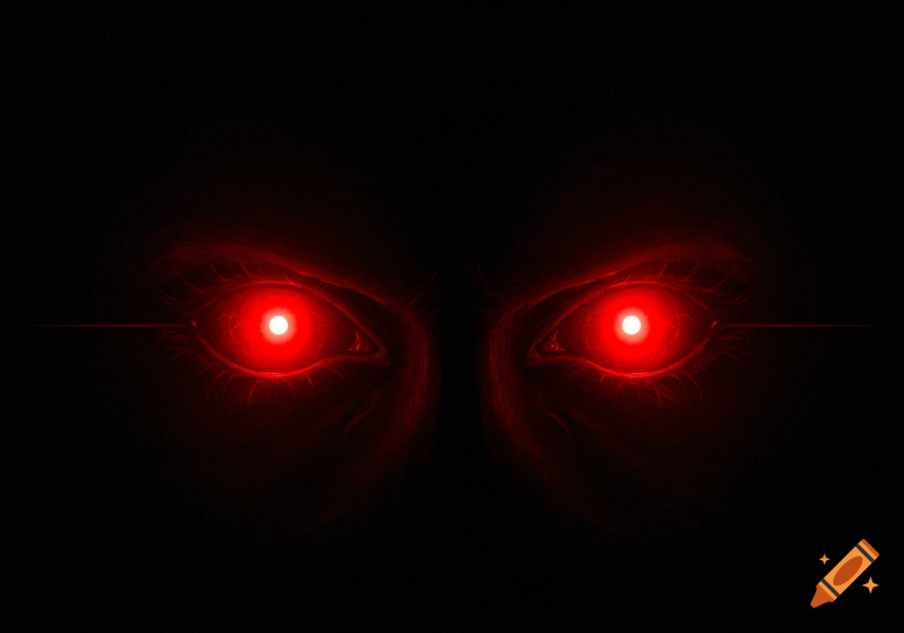 Two intensely glowing red eyes peer from deep darkness.