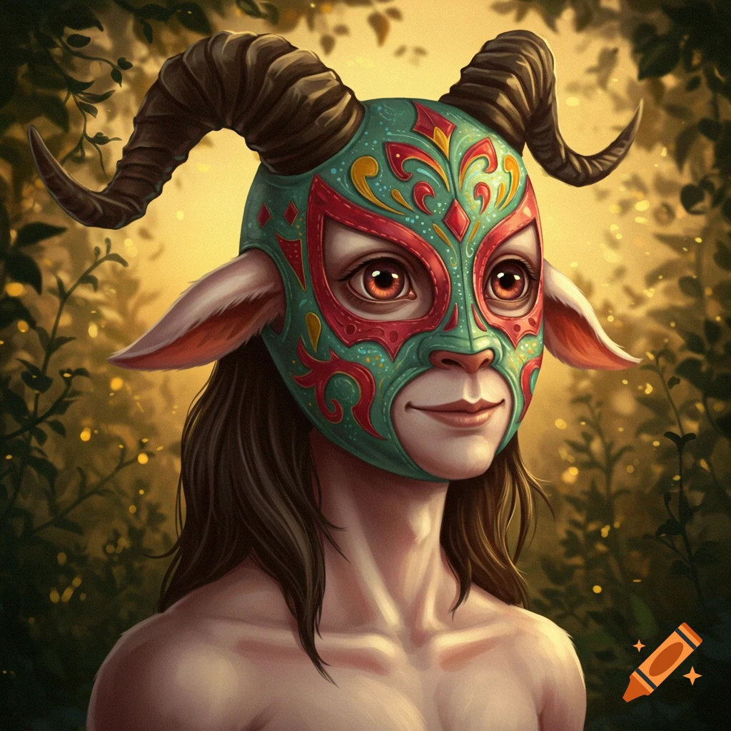 A goat-like faun wearing a colorful teal and red luchador mask, set against a blurred forest background with glowing light.
