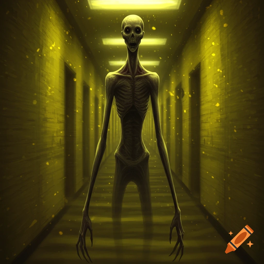 A tall, skeletal creature with long limbs stands in a long, yellow-lit hallway with doors on either side, creating a creepy, liminal space.
