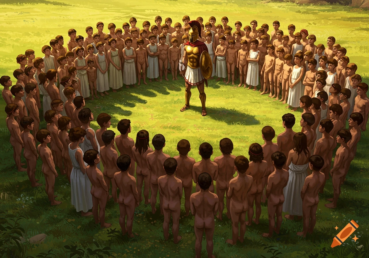 A Spartan warrior addresses a large circle of young, mostly nude Spartan boys in a grassy field under a bright sky.