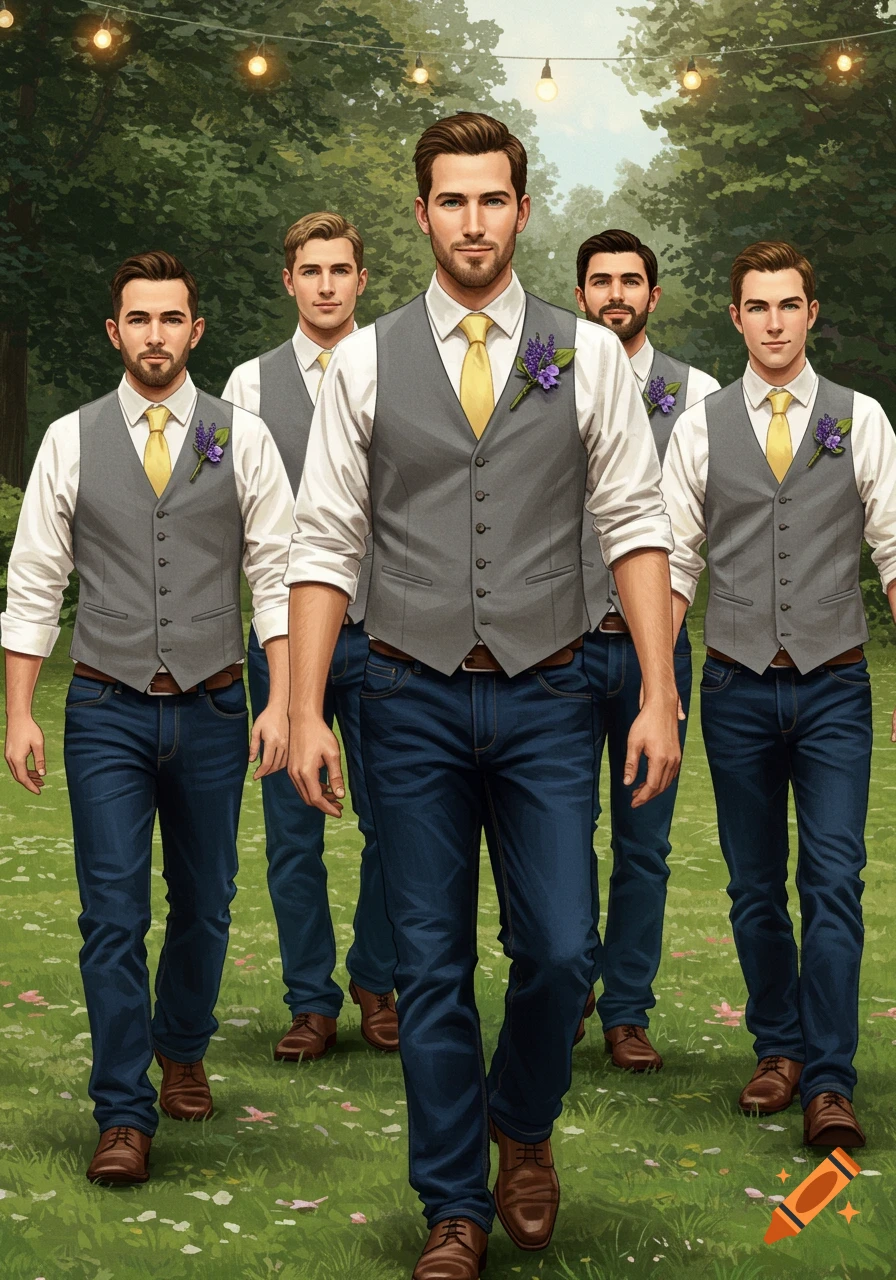 Five groomsmen in grey vests, yellow ties, and jeans walk through a grassy outdoor path with string lights.