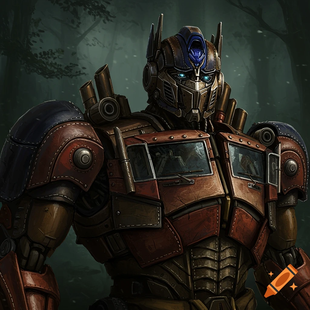 Detailed digital illustration of Optimus Prime made of leather, standing in a dark forest.