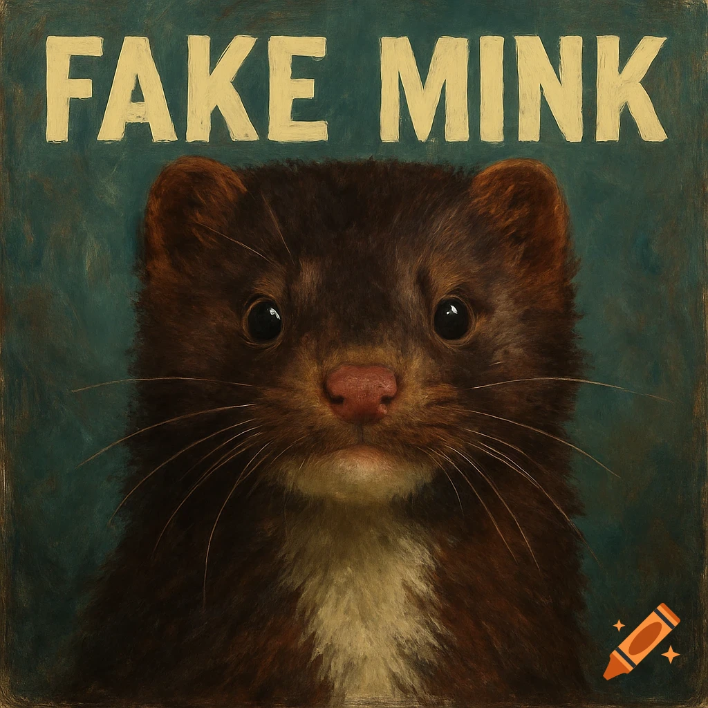 A painting of a brown mink with the words 'FAKE MINK' above its head, against a teal background.