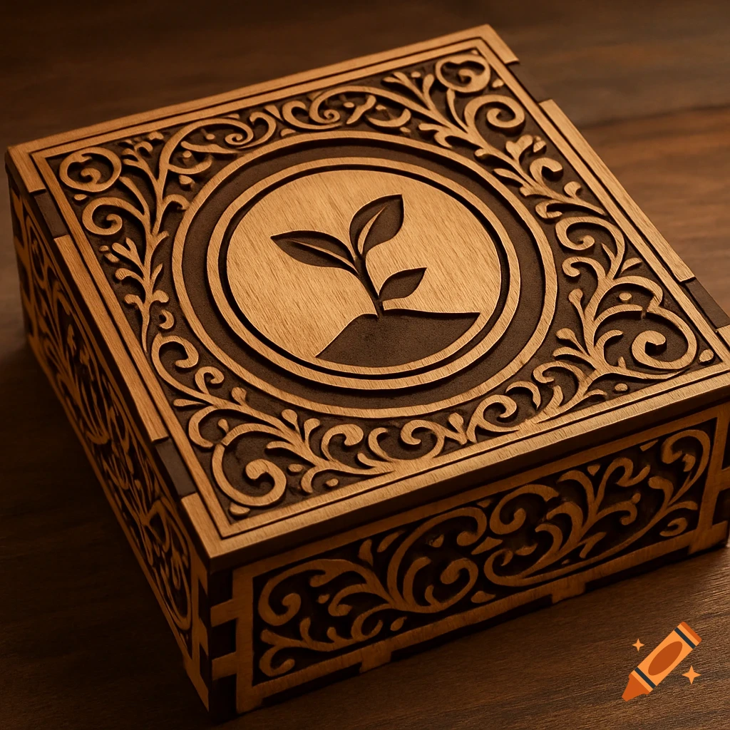 A detailed, laser-cut wooden box with ornate floral patterns and a central etched logo of a growing plant on a dark wooden surface.