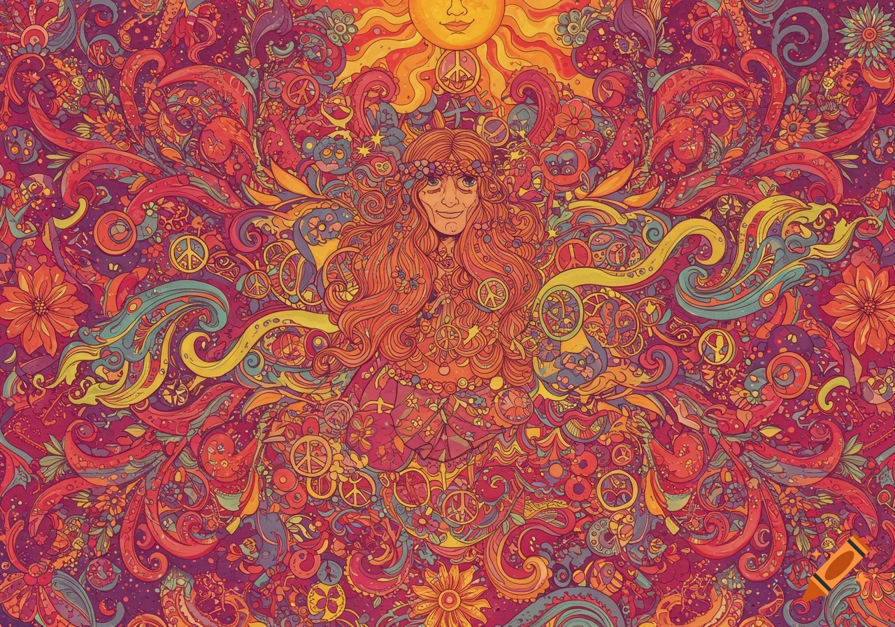 A vibrant, intricate psychedelic illustration of a woman with long hair surrounded by peace signs, flowers, and swirling patterns, with a sun.