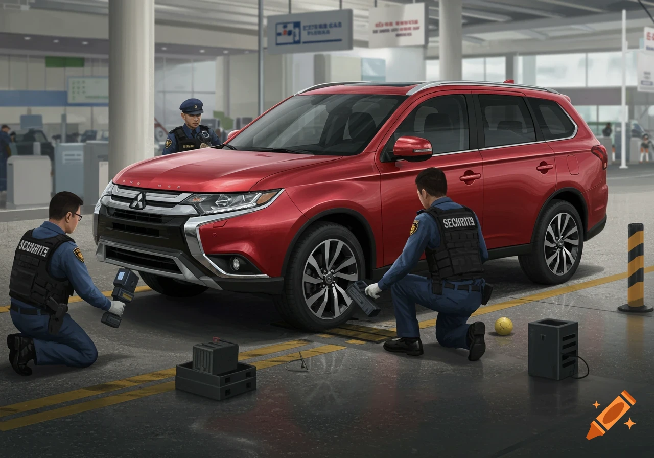 Red Mitsubishi Outlander SUV being inspected by security personnel at a checkpoint.