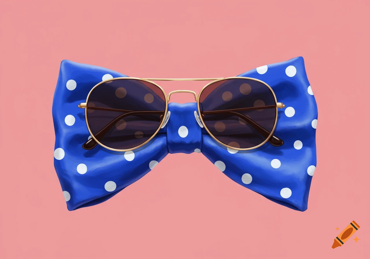 A blue polka dot bowtie wears gold-rimmed sunglasses on a pink background.