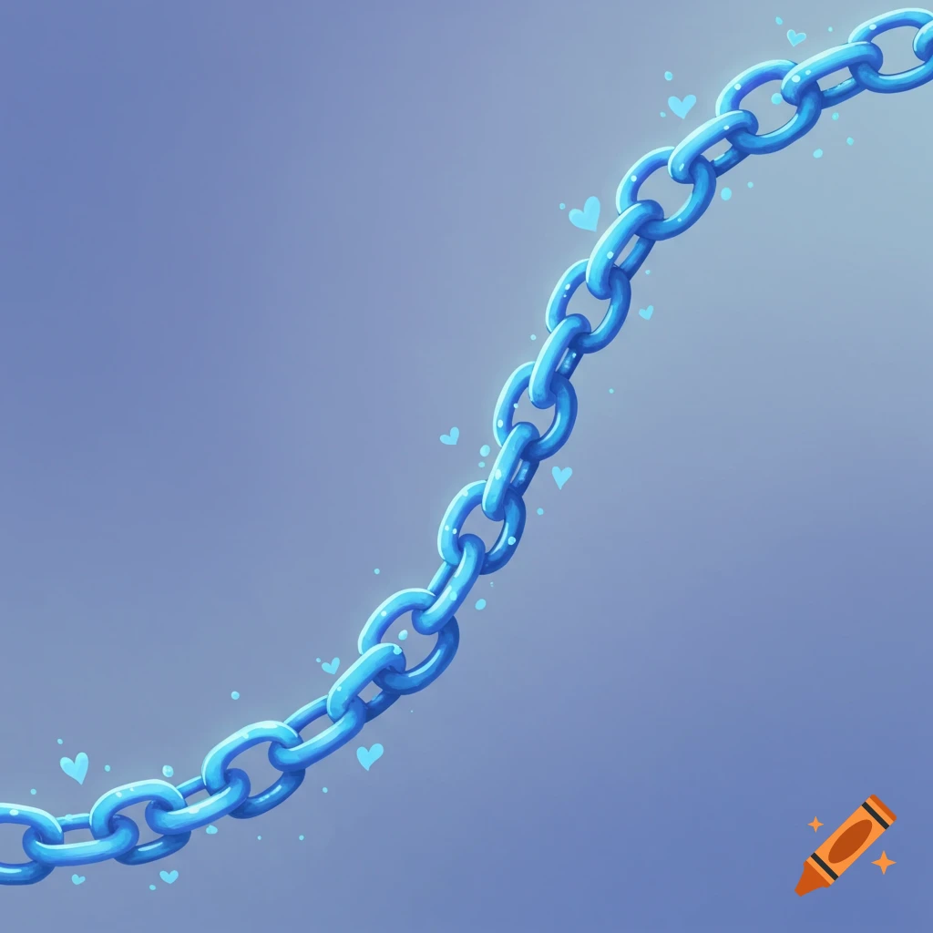 A curved blue chain with glowing light blue hearts and sparkles against a gradient light blue and purple background, in a whimsical art style.