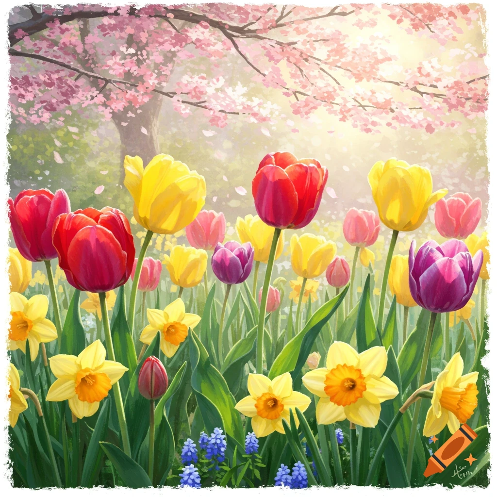 A vibrant spring garden with red and yellow tulips, yellow daffodils, and a cherry blossom tree under bright light. Painterly style.