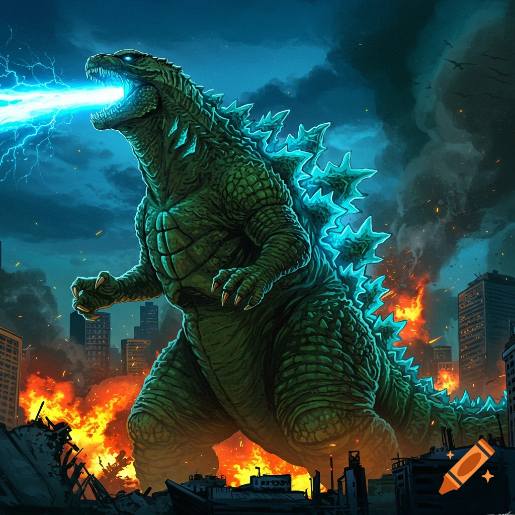 A giant green Godzilla attacks a city, breathing a bright blue atomic ray, surrounded by flames and smoke.