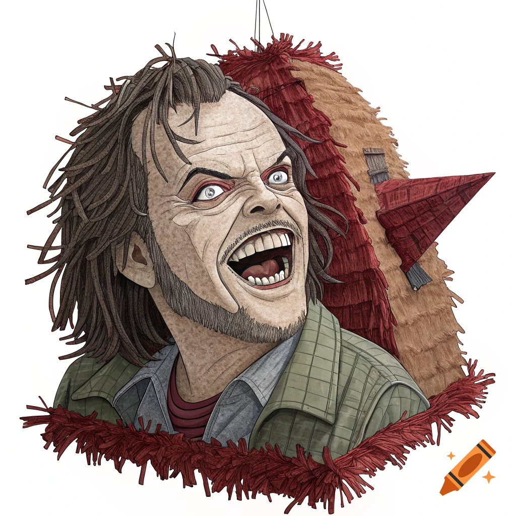 A stylized illustration of Jack Nicholson's screaming face from The Shining, depicted as a piñata.