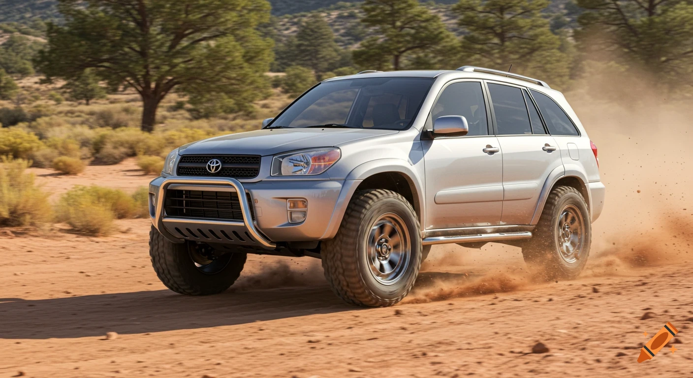 A silver Toyota RAV4 SUV drives on a dirt track through a desert landscape, kicking up dust. Trees are in the background.