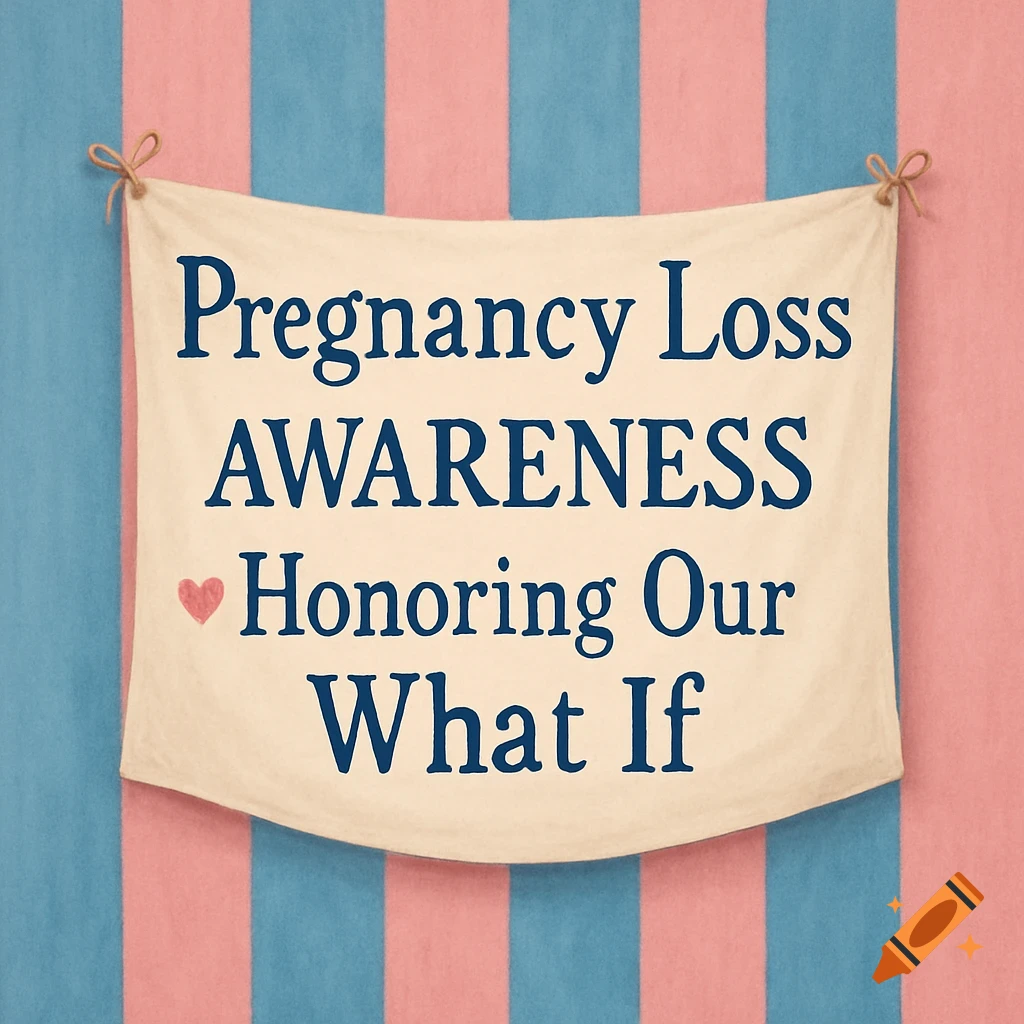 A banner against a pink and blue striped wall reads 'Pregnancy Loss AWARENESS Honoring Our What If' with a small red heart.