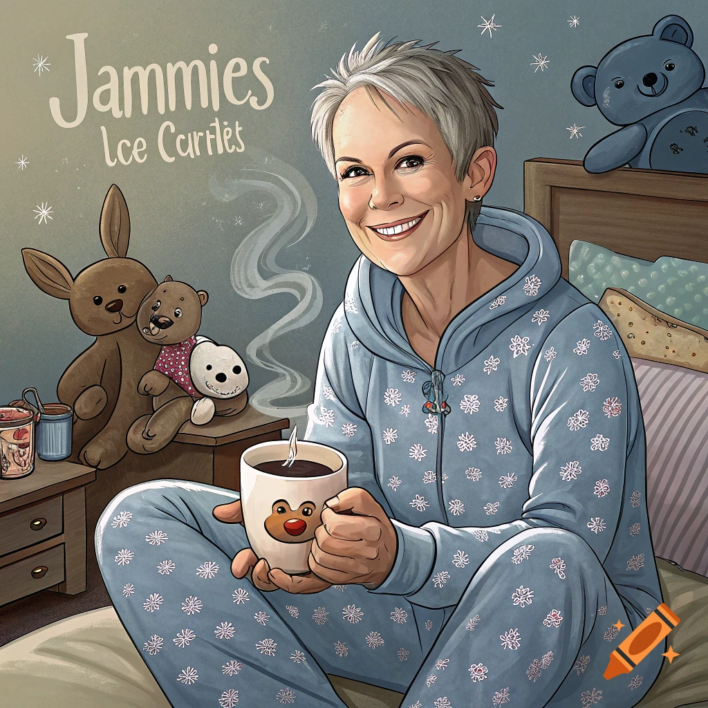 Jamie Lee Curtis, illustrated in a cartoon style, wearing blue pajamas, holding a mug, sitting on a bed with stuffed animals.