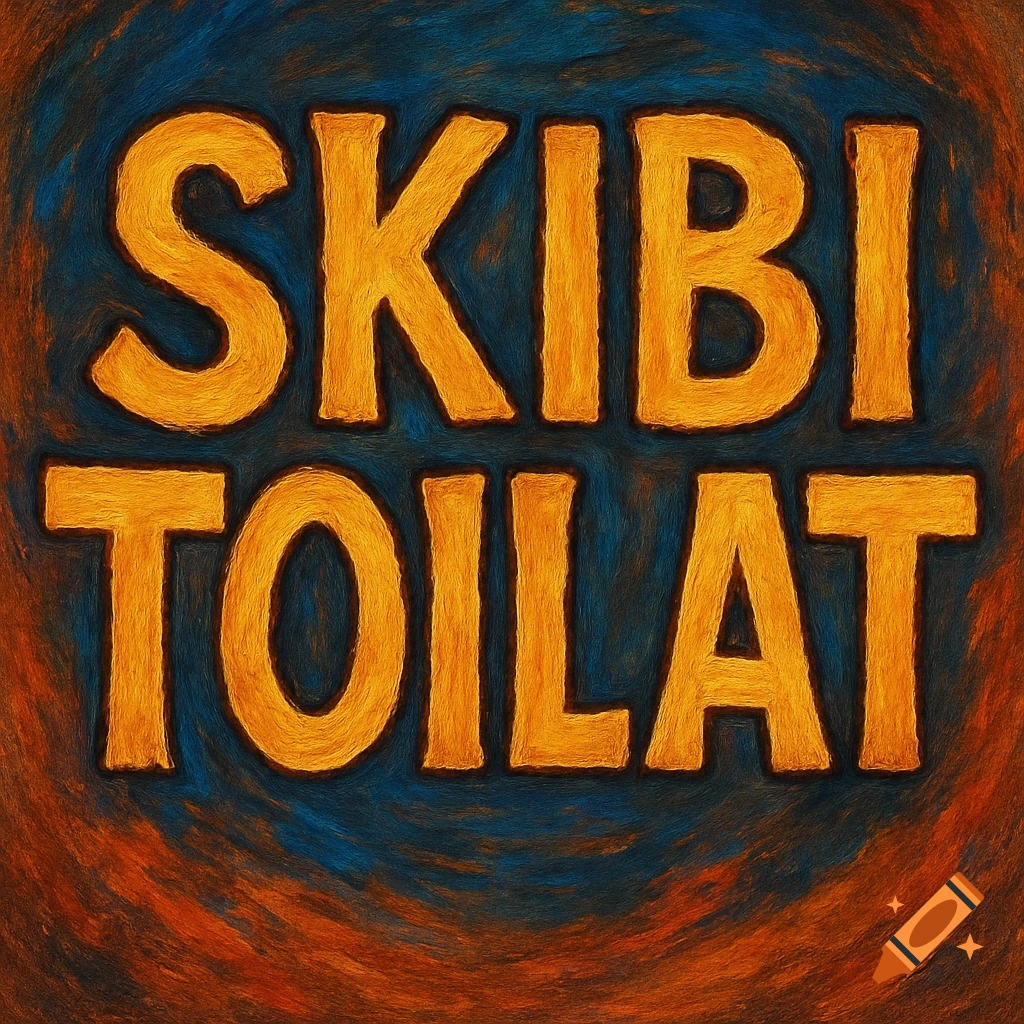 Bold, textured orange text 'SKIBI TOILAT' on a swirling blue and orange painterly background.