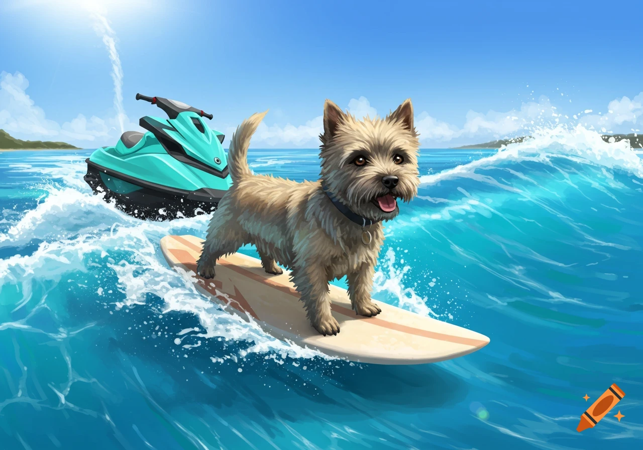 A happy Cairn Terrier dog surfs on a surfboard behind a bright blue jetski on a sunny ocean day, in a vibrant digital art style.