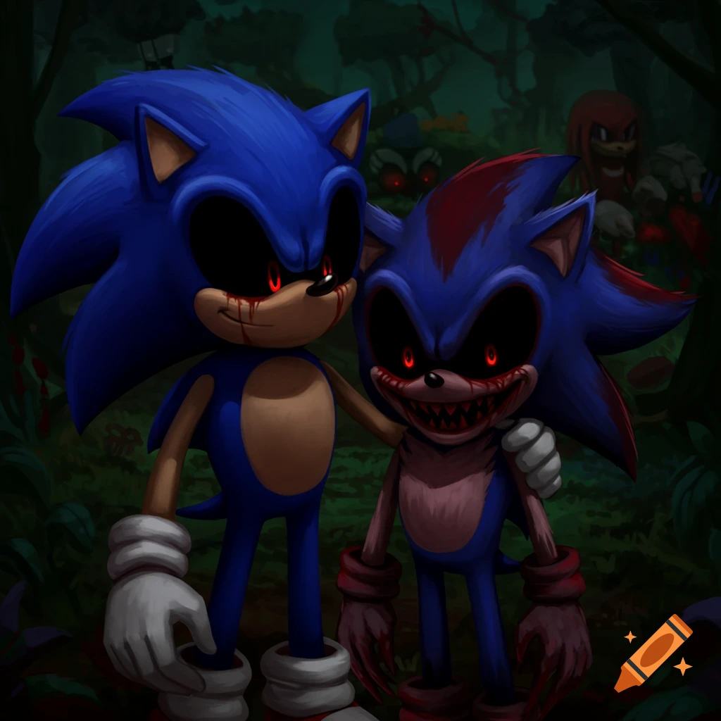 Two demonic Sonic characters with red eyes and blood on their faces stand in a dark, creepy forest, one grinning menacingly.