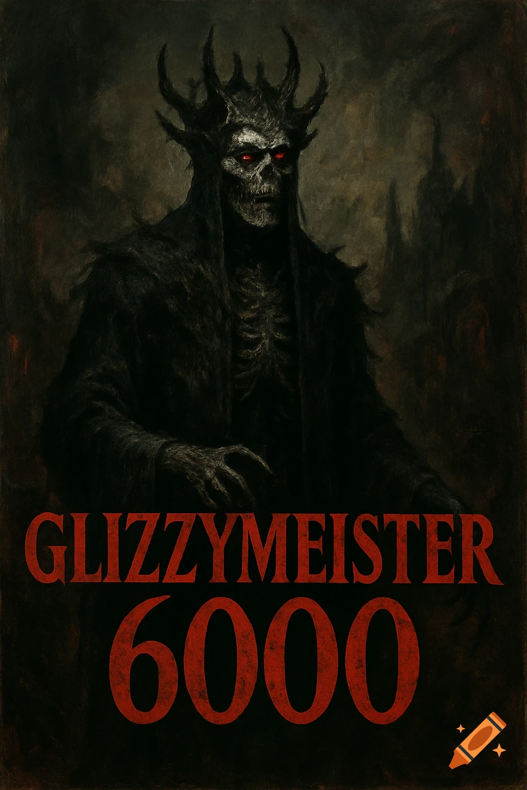 A dark fantasy painting of a skeletal king with glowing red eyes and a spiky crown, wearing a black cloak, with 'GLIZZYMEISTER 6000' in red text below.