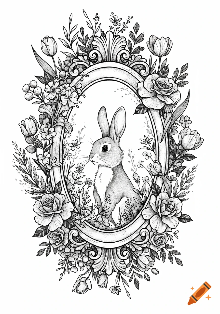 Black and grey illustration of a rabbit inside a vintage oval frame surrounded by intricate flowers.