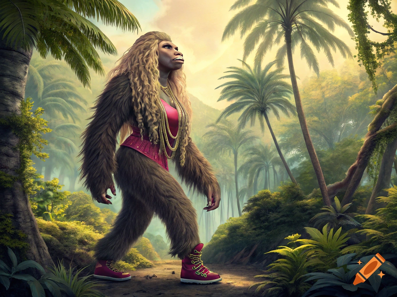 A furry, bipedal Bigfoot-like creature with long blonde hair, dressed in a pink sequin bodysuit and gold chains, walks through a lush jungle.