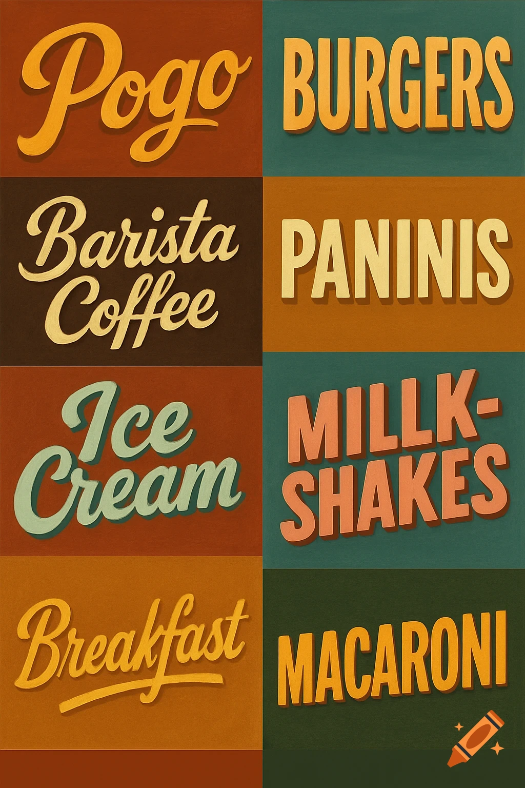 Retro-style grid with food and drink names in various fonts: Pogo, Burgers, Barista Coffee, Paninis, Ice Cream, Millk-Shakes, Breakfast, Macaroni.