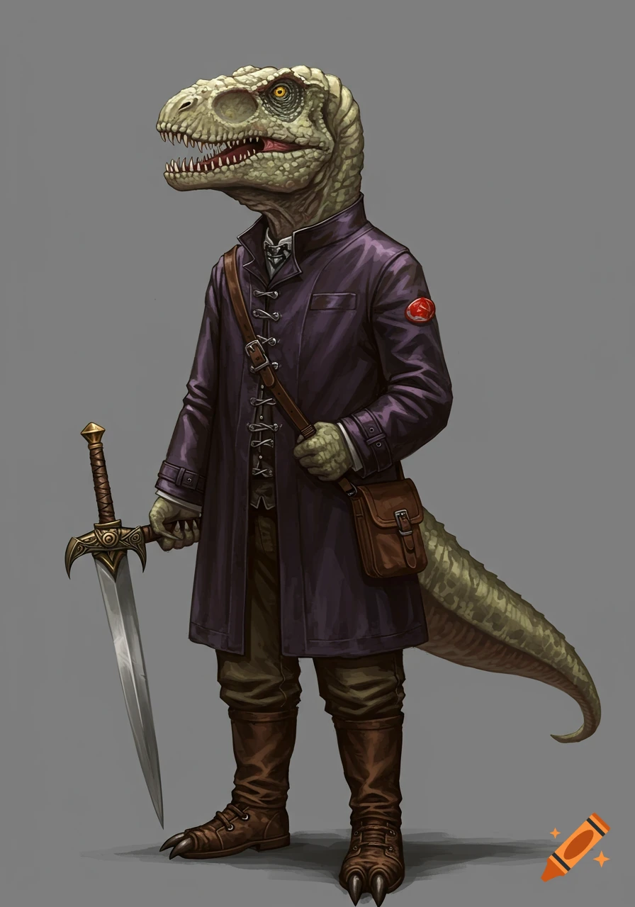 A standing humanoid dinosaur in a purple coat and boots, holding a fantasy sword and a satchel, on a grey background.
