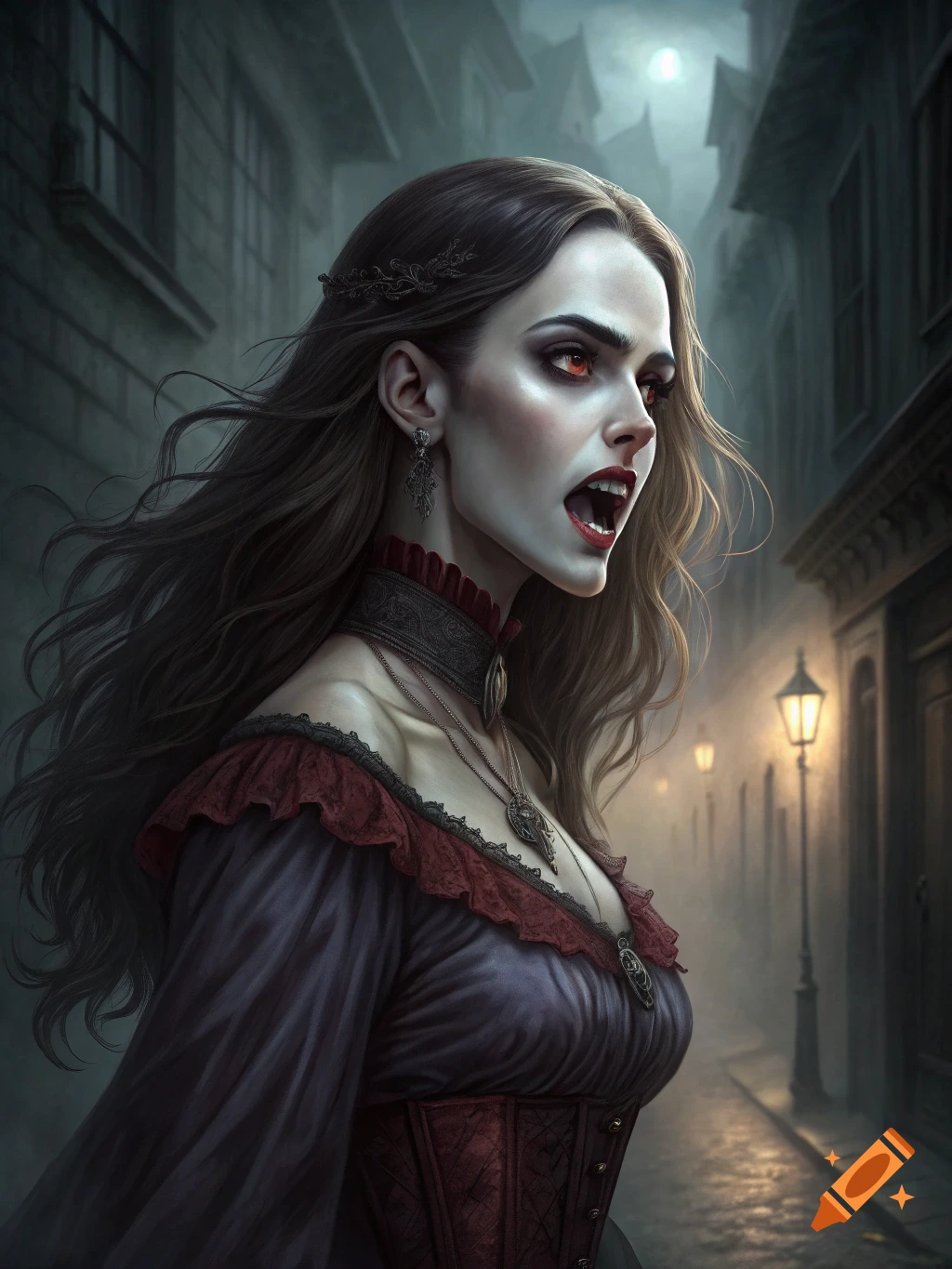 A dramatic portrait of a vampire woman with red eyes and fangs, standing on a misty gothic street at night.