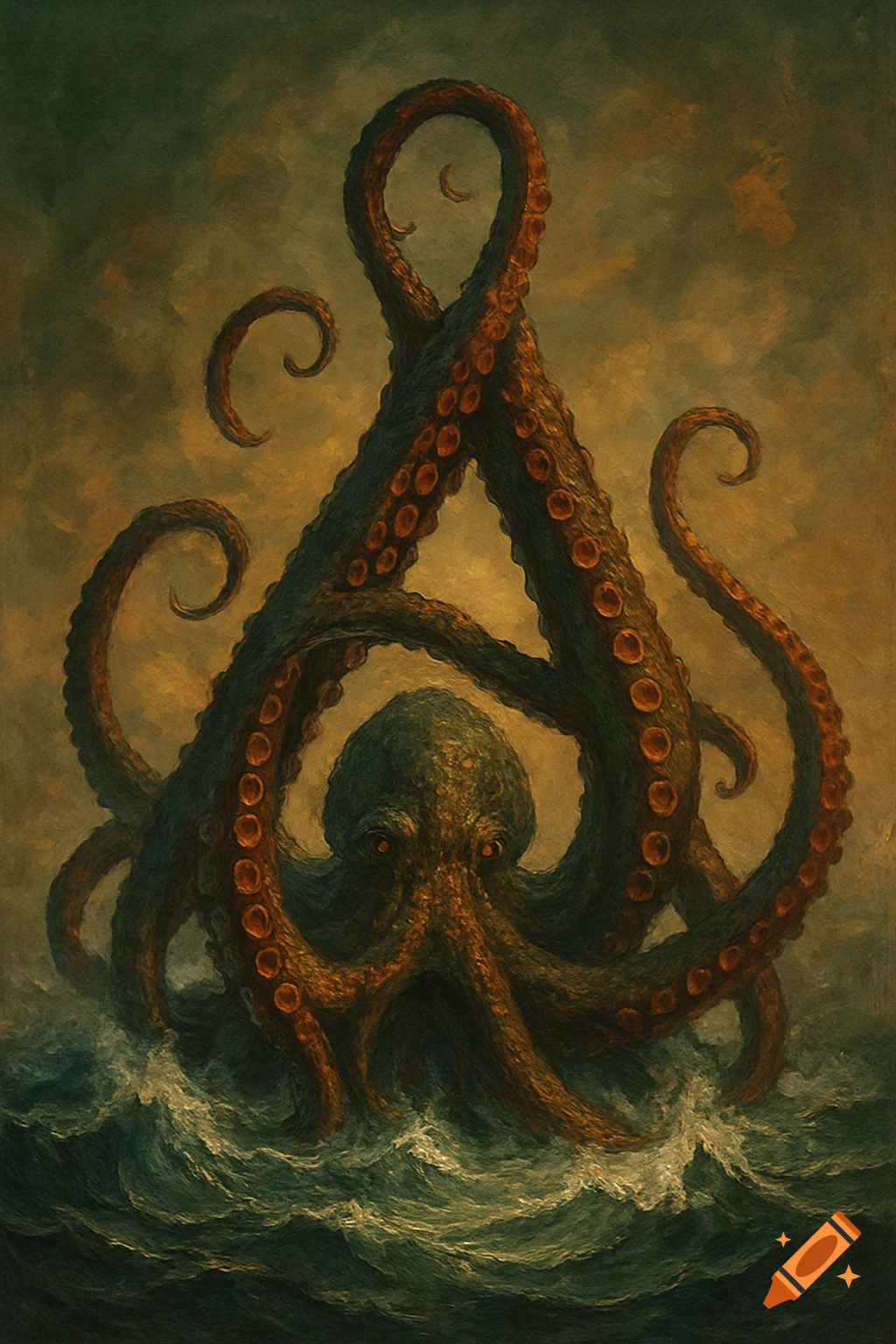 A colossal kraken rises from dark, churning waves, its tentacles forming the letter 'A' against a stormy, painted sky.