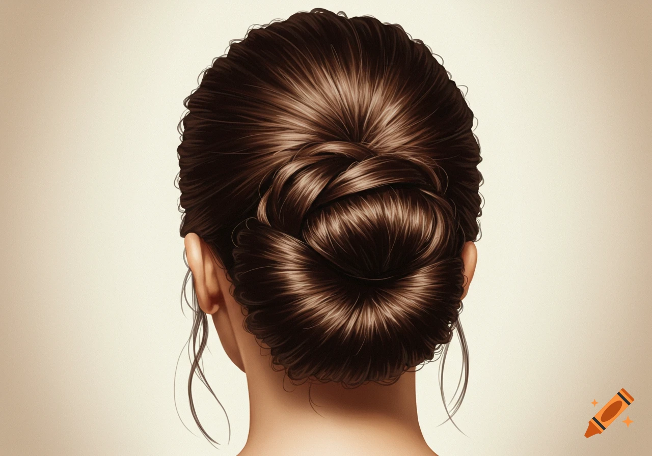 Back of a person's head with neatly styled brown hair in a bun.