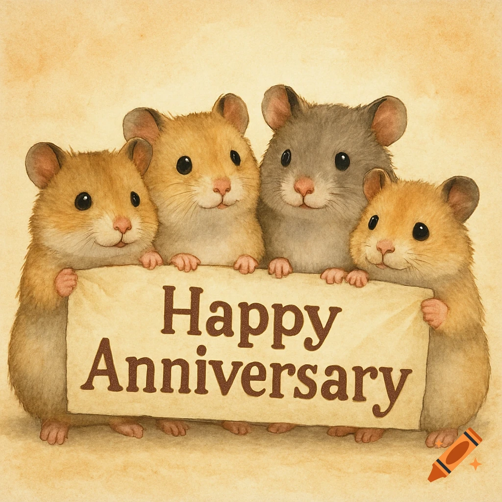 Four cute watercolor hamsters holding a banner that reads 'Happy Anniversary' against a light brown background.