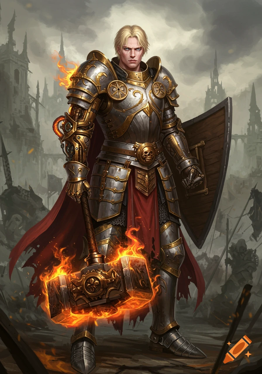 A pale blonde knight in ornate silver and gold armor with a clockwork arm holds a flaming hammer and shield, standing in a ruined castle.