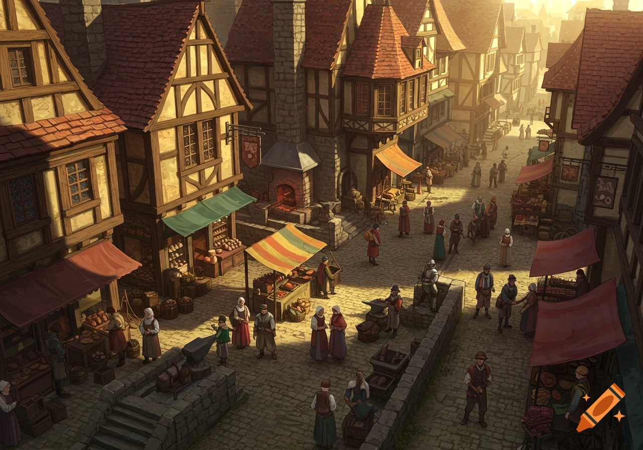 A detailed illustration of a bustling medieval town square with market stalls, merchants, and villagers under warm sunlight.