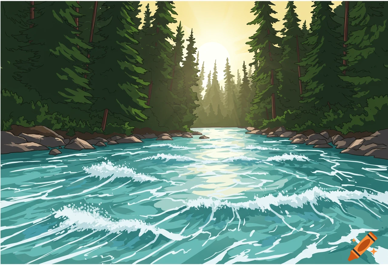 Vibrant clipart illustration of a river with rapids flowing through a dense pine forest under a bright sun.