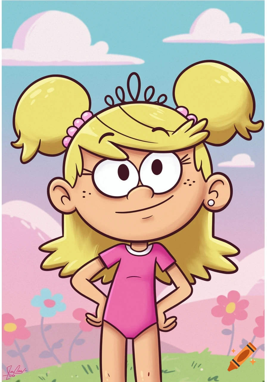 A cartoon girl with blonde hair in pigtails and a small crown wears a pink swimsuit, smiling in a field of flowers under a blue sky.