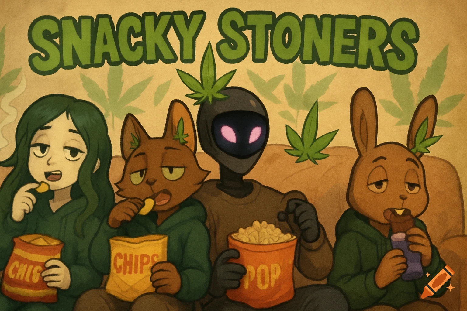 Cartoon of four characters (human, cat, alien, rabbit) with droopy eyes ...