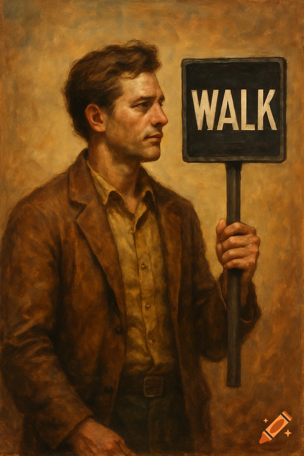 An oil painting of a man in a brown jacket looking right, holding a black sign that says 'WALK'.