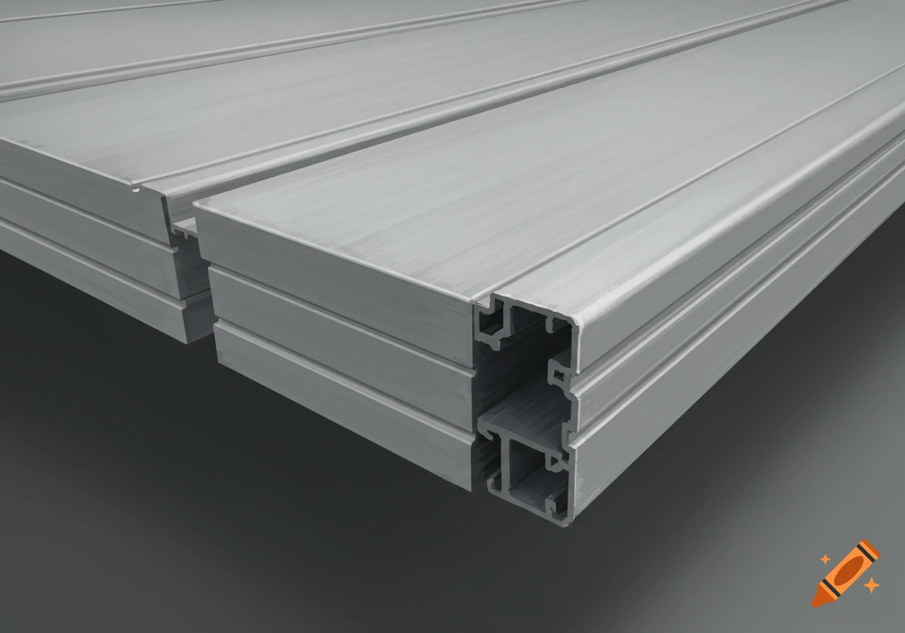 Stacked aluminum panels with visible cross-sections and interlocking joints on a dark background, photorealistic.