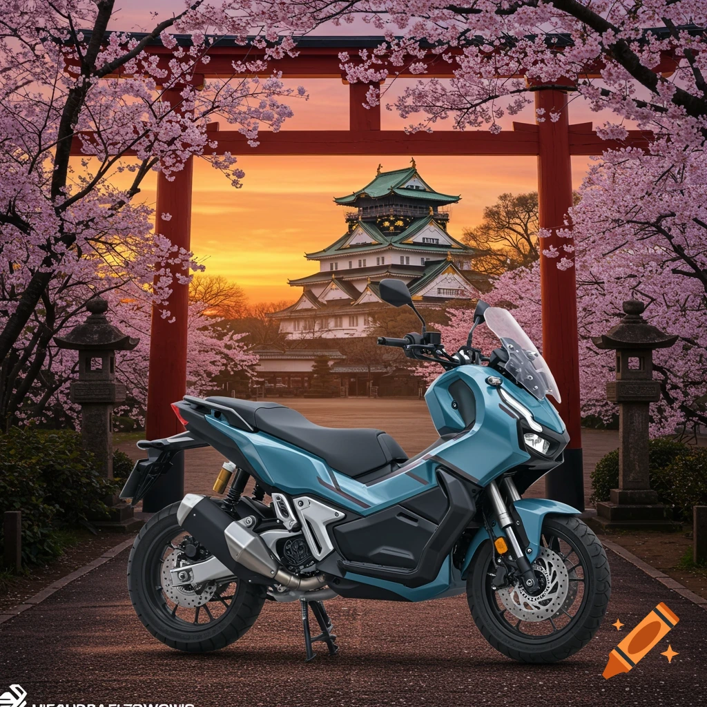 A pearl blue Honda ADV160 motorcycle parked on a path under a red torii gate, with a Japanese temple and cherry blossoms at sunset.