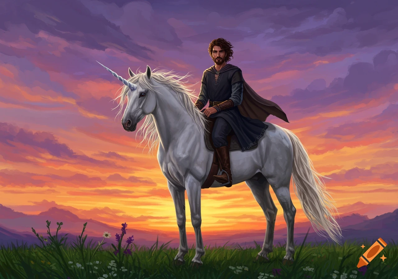A bearded man in a dark cloak rides a white unicorn through a grassy field against a vibrant purple and orange sunset.