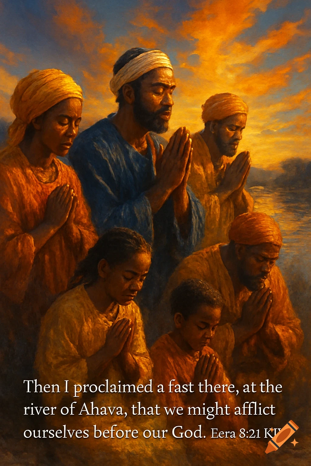 Digital painting of Black individuals praying by a river at sunset, with golden light on their faces.