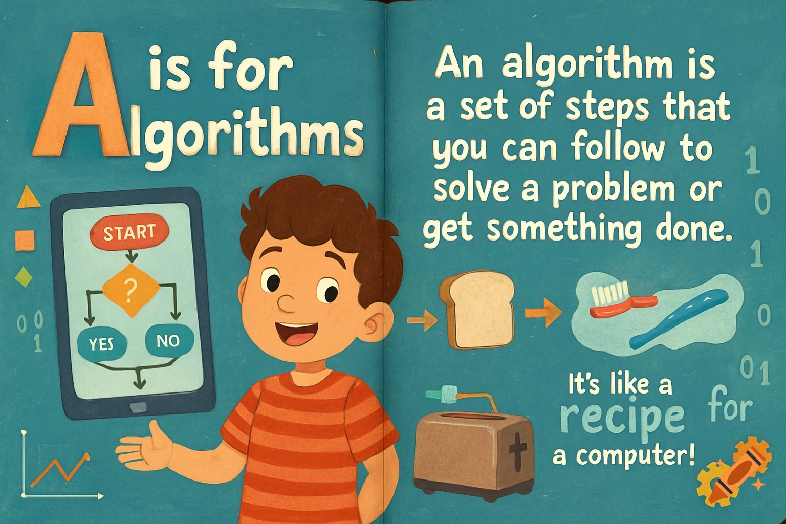 A children's book spread explaining algorithms, featuring a boy, a tablet with a flowchart, and illustrations of a toaster, bread, and a toothbrush.