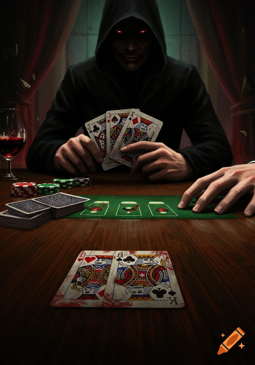 A sinister hooded figure with red eyes plays a card game at a table, holding a Jack, King, and Queen. Blood-splattered cards and poker chips are on the table.