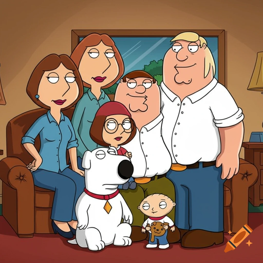 A vector art portrait of the Family Guy characters: Peter, Lois, Meg, Brian, and Stewie, in their living room.