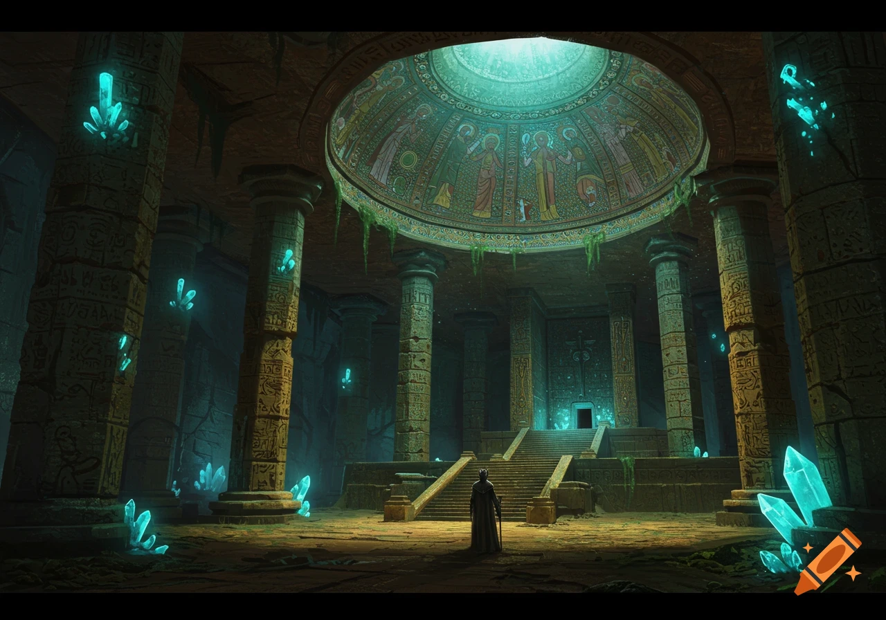 A solitary figure stands in a vast, ancient underground temple with glowing turquoise crystals, ornate pillars, and a domed ceiling mosaic.